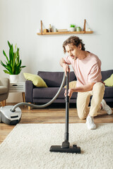 A handsome man in cozy homewear diligently vacuums the living room floor.