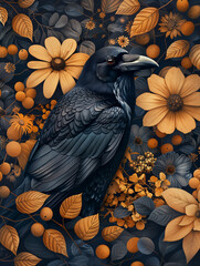 Black crow on flowers halloween background