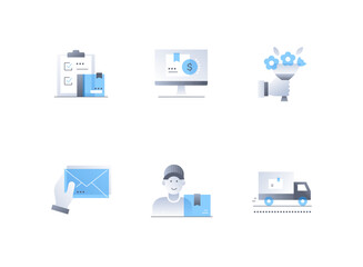 Delivery of mail and goods - flat design style icons set. High quality colorful images of checklist, box, online order and payment, bouquet of flowers, envelope with letter, courier and truck