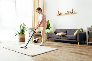 A handsome man in cozy homewear cleans his house using a vacuum cleaner.