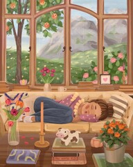 Girl sleeping on the sofa in a cozy country cottage