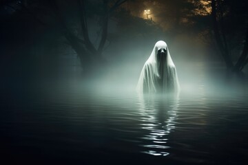 spooky ghost in lake at night