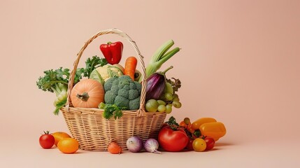 A wicker basket filled with fresh vegetables and fruit on a pink background.