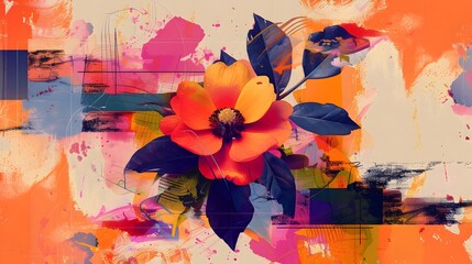 Vibrant Abstract Floral Composition with Geometric Elements and Bold Color Palette