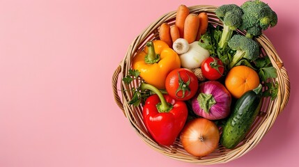Assortment of fresh vegetables in a wicker basket on a pink background.