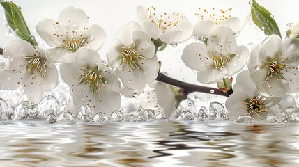   A cluster of white blossoms floating atop a tranquil lake, surrounded by droplets of water