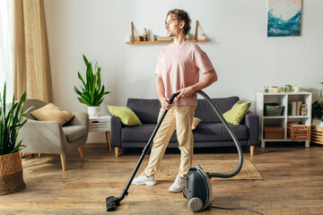 Handsome man in cozy homewear diligently vacuums a living room.