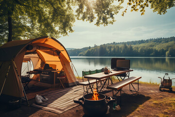 Serene lakeside campsite with tent and picnic table, surrounded by lush trees, peaceful morning light, and a campfire ready for use