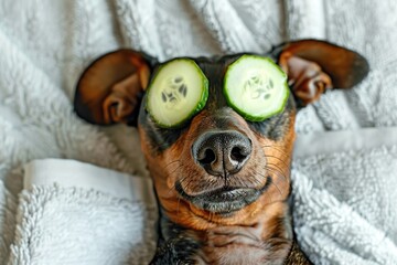 Obraz premium Black and tan dachshund dog in wellness spa with cucumber on eyes, covered with a towel. Dog with with a piece of cucumber on it eyes relaxing on the bed at home. Top down view. Empty space for text
