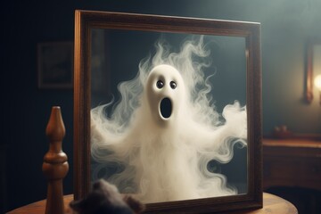 cute ghost sees his reflection in the mirror