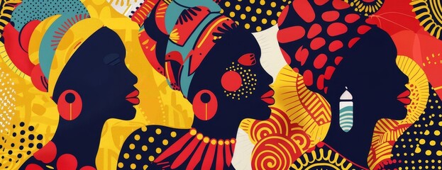 Illustrate three black women with traditional African headwraps. The background should be bright and colorful with traditional African patterns and colors.