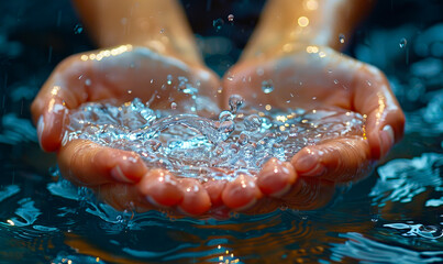Fototapeta premium Protecting Nature's Precious Resource: Cupped Hands Cradling Crystal Clear Water Droplets, Celebrating Conservation and Environmental Awareness