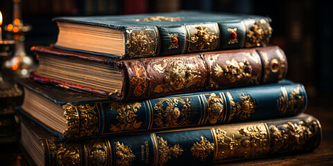 Vintage Elegance: Close-Up of Antique Leather-Bound Books with Elaborate Gold Tooling in Warm Library Light