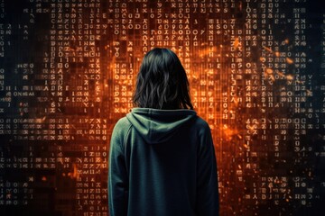 teenage girl on binary code background in digital world