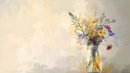 Rustic Bouquet of Wildflowers in Mason Jar with Sketch Like Styling and Muted Colors