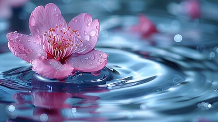   A pink flower floats atop water's surface, dotted with droplets - Powered by Adobe