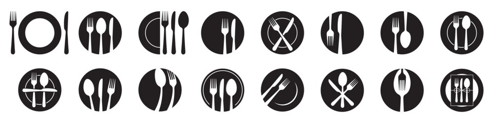 Fork, spoon, knife and plate. Menu symbol. Tableware instruments. Restaurant icon. Food, plate, fork, knife, spoon, cutlery icon set.