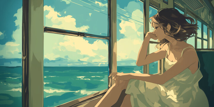 Fototapeta woman in the train window see to weather