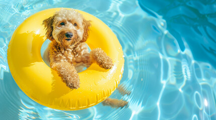 Dog with Swimming Ring in Pool: Cute Labradoodle Swimming in Vibrant Yellow Inflatable Ring in Clear Blue Water in Sunshine on a Sunny Summer Day - Creative and Cute Summer Holiday Vacation Concept