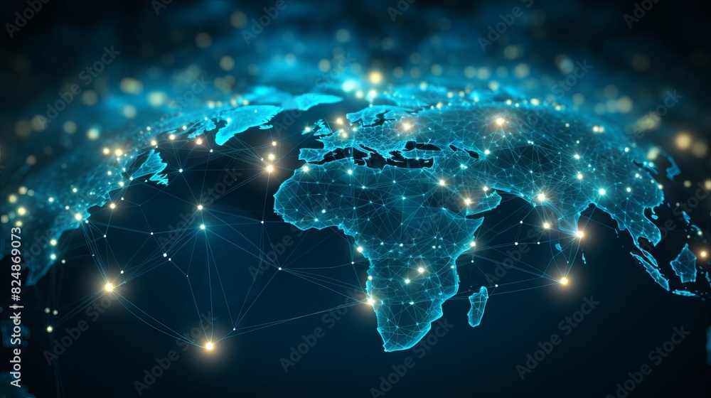 Aufkleber global network background with digital earth map, connected lines, and glowing nodes representing wo