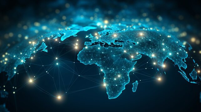 Global network background with digital earth map, connected lines, and glowing nodes representing worldwide communication and data exchange.

