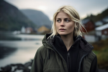 Fototapeta premium A woman wearing a green coat stands in front of a lake. She looks out at the water, and the scene is peaceful and serene