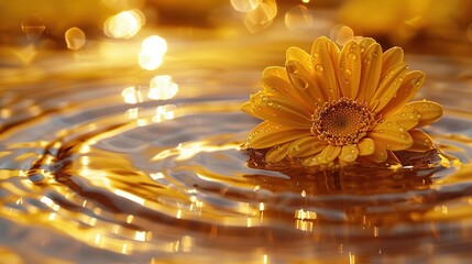   A yellow flower floats gracefully atop a tranquil body of water, with a solitary droplet adorning its base - Powered by Adobe