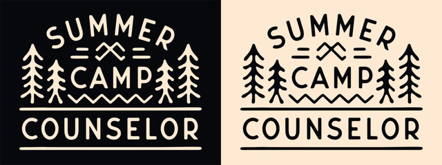 Summer camp counselor badge shirt design camping emblem logo. Forest lake retro vintage aesthetic illustration for trip scout animator coordinator leader teacher print vector.