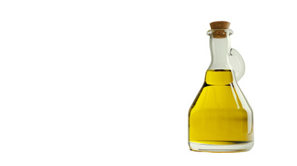 A glass pitcher brimming with liquid stands on a plain white background