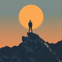 Silhouette of a man standing on a mountain peak at sunset, conveying a sense of achievement and serenity.