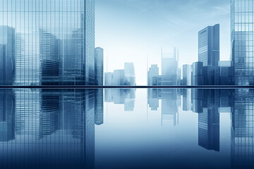 A serene cityscape with modern skyscrapers reflected in calm water under a clear sky, creating a symmetrical visual effect