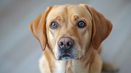 Close-up portrait of a golden labrador retriever looking at the camera.