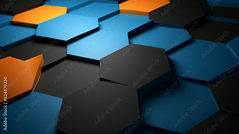 Wall mural Vibrant 3d rendering of black, blue, and orange hexagons background pattern: futuristic technology concept.

 - Wall murals