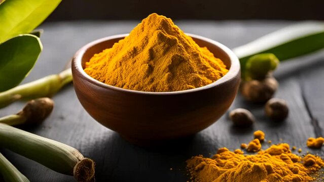 Сlose-up of ground turmeric powder in a rustic bowl