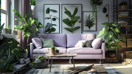 
modern living room, indoor plants, lush greenery, purple sofa, 