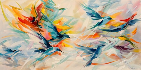 Abstract colorful painting of wild brushstrokes, light and shadow effects, large areas left blank, thick oil paint splashes on the canvas, creating an atmosphere full of energy and dynamism
