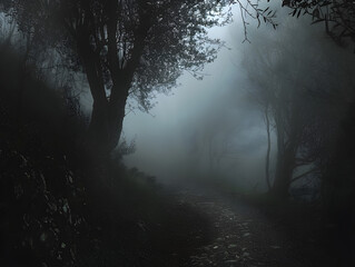 Fototapeta premium Eerie Misty Forest Path with Shadowy Trees and Surreal Fog Creating Mysterious and Haunting Atmosphere on Winding Dirt Trail in Tranquil Woodland Scenery