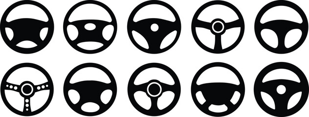 Set of Car, auto vectors icons. Automobile, machine, drive symbols. Steering wheel icons fill styles signs for mobile concept and web designs. Wheels symbols illustrations on transparent background.