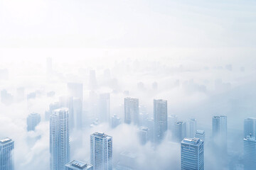 city skyline with skyscrapers enveloped in fog creating a soft and tranquil atmosphere with diffused morning light