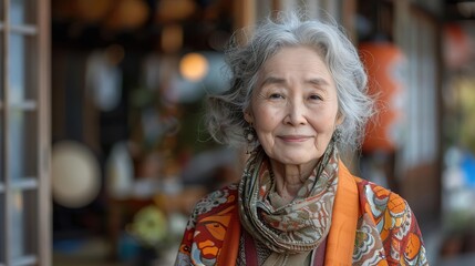 Fototapeta premium Smiling Asian senior woman wearing a scarf in front of a store