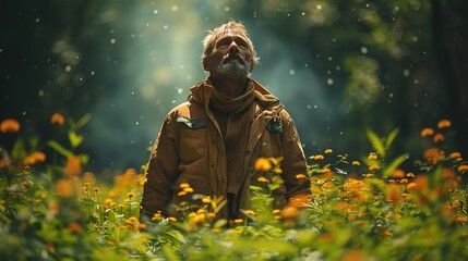 Fototapeta premium Man standing in a field of wildflowers, looking up at the sky.