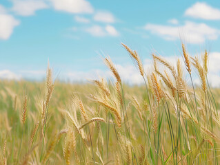 Obraz premium Vibrant Golden Wheat Field Close-Up Under Clear Blue Sky with Soft White Clouds - Serene Agricultural Landscape Rich in Healthy, Ripe Crops Bathed in Bright Natural Light for Nature and Farm