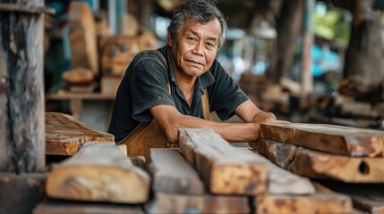 man is busy crafting a wooden piece at a factory, showcasing skills in woodworking and craftsmanship