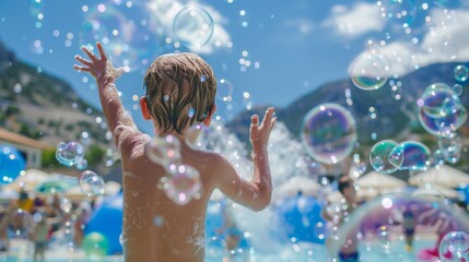 Photo of a happy child at a foam disco in soap bubbles summer in open swimming pool view on mountains on background. A children's show on resort, animation program in hotel.