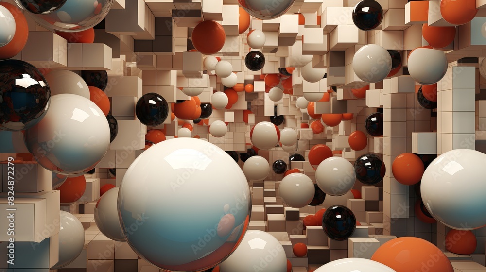 Poster dynamic interplay: abstract fusion of spheres and cubes in modern technology design.
