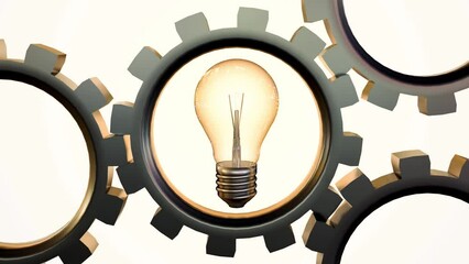 3d animation of a light bulb inside of a hole of a metal cog wheel gear