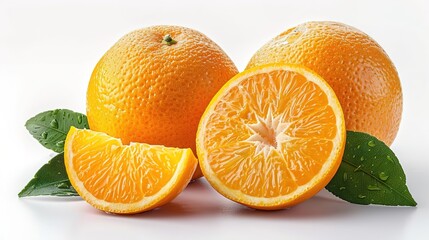 Fresh whole oranges with a slice and leaves on a white background.