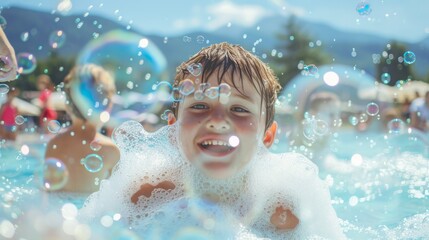 Photo of a happy child at a foam disco in soap bubbles summer in open swimming pool view on mountains on background. A children's show on resort, animation program in hotel.