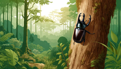 Detailed Illustration of a Kabutomushi (Japanese Rhinoceros Beetle) on a Tree Trunk in a Forested Area, Surrounded by Lush Greenery and Bathed in Soft Natural Light – High-Resolution, Generated by AI