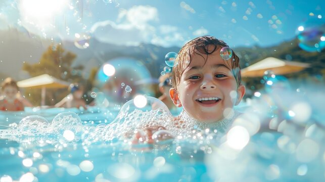 Photo of a happy child at a foam disco in soap bubbles summer in open swimming pool view on mountains on background. A children's show on resort, animation program in hotel.